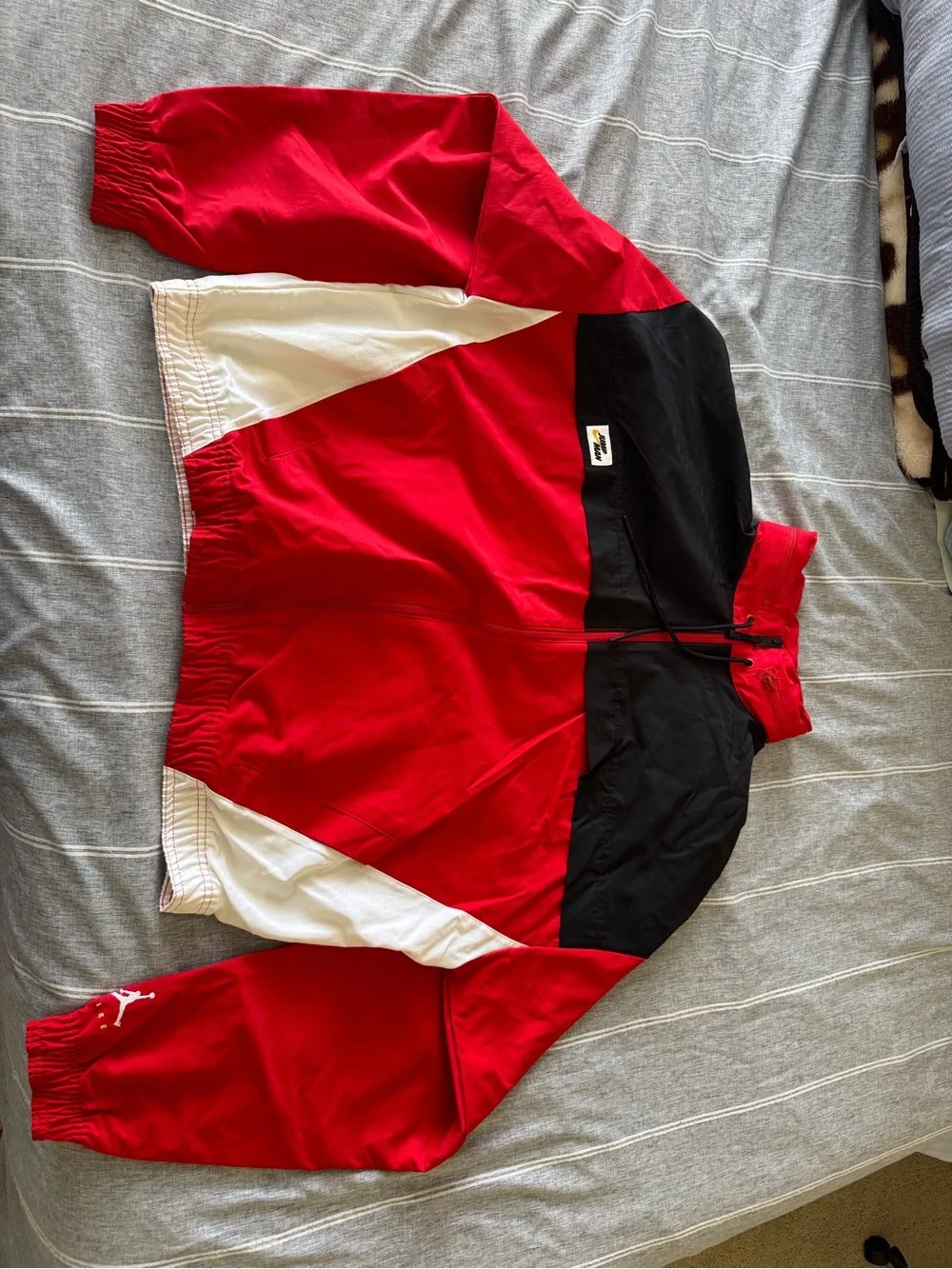 Jordan Red Black Hooded Colorblock Jacket with White Accents